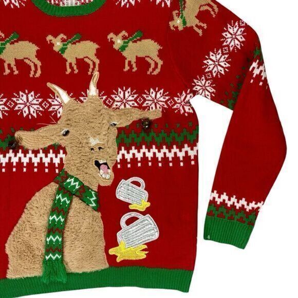 JOLLY SWEATERS Goat drinking Beer Ugly Christmas Sweater Holiday Unisex L Red - Picture 4 of 15